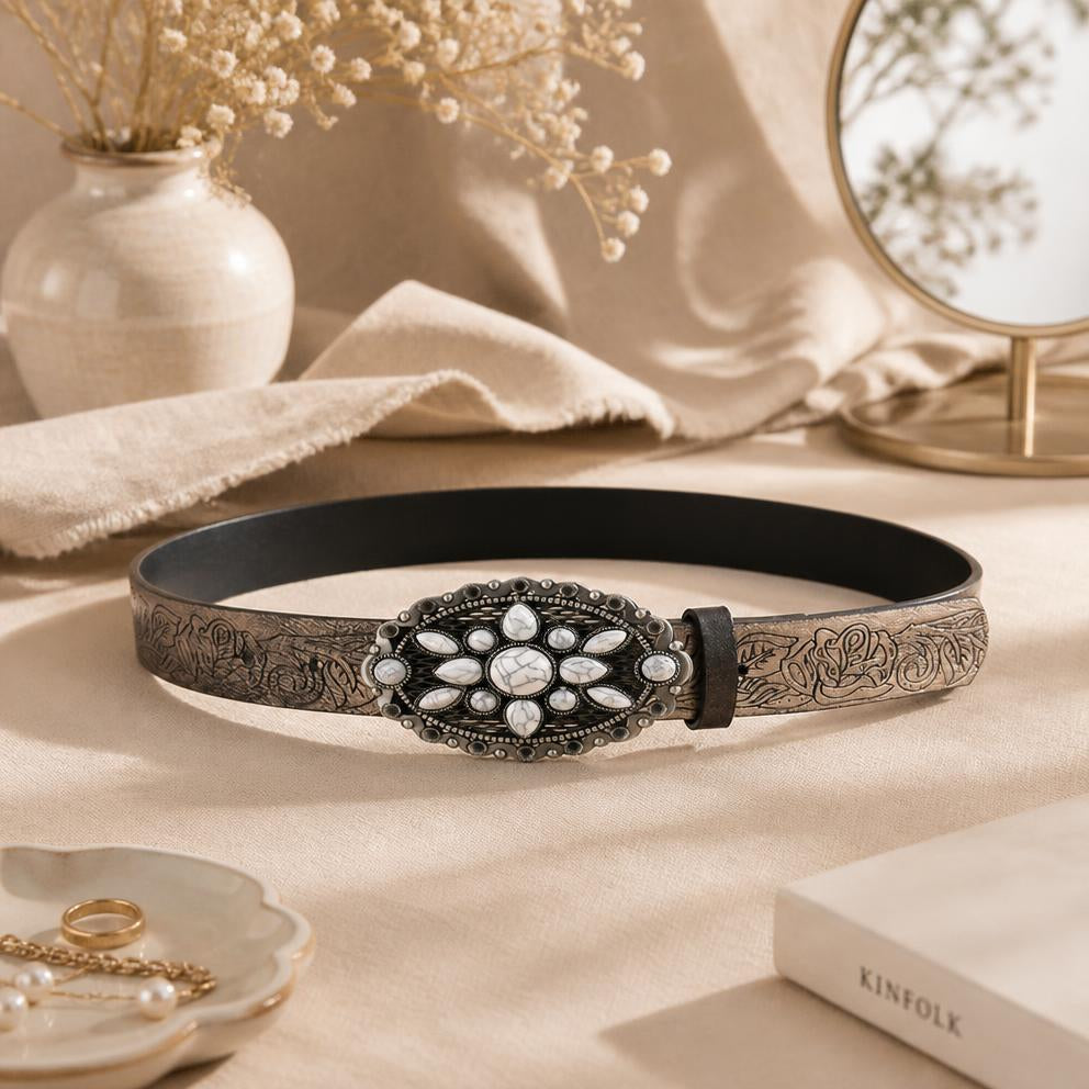 Ceinture rétro imprimée avec boucle bijou blanche, accessoire mode