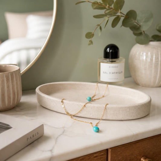 Collier en acier double goutte avec turquoise et reflets diamant