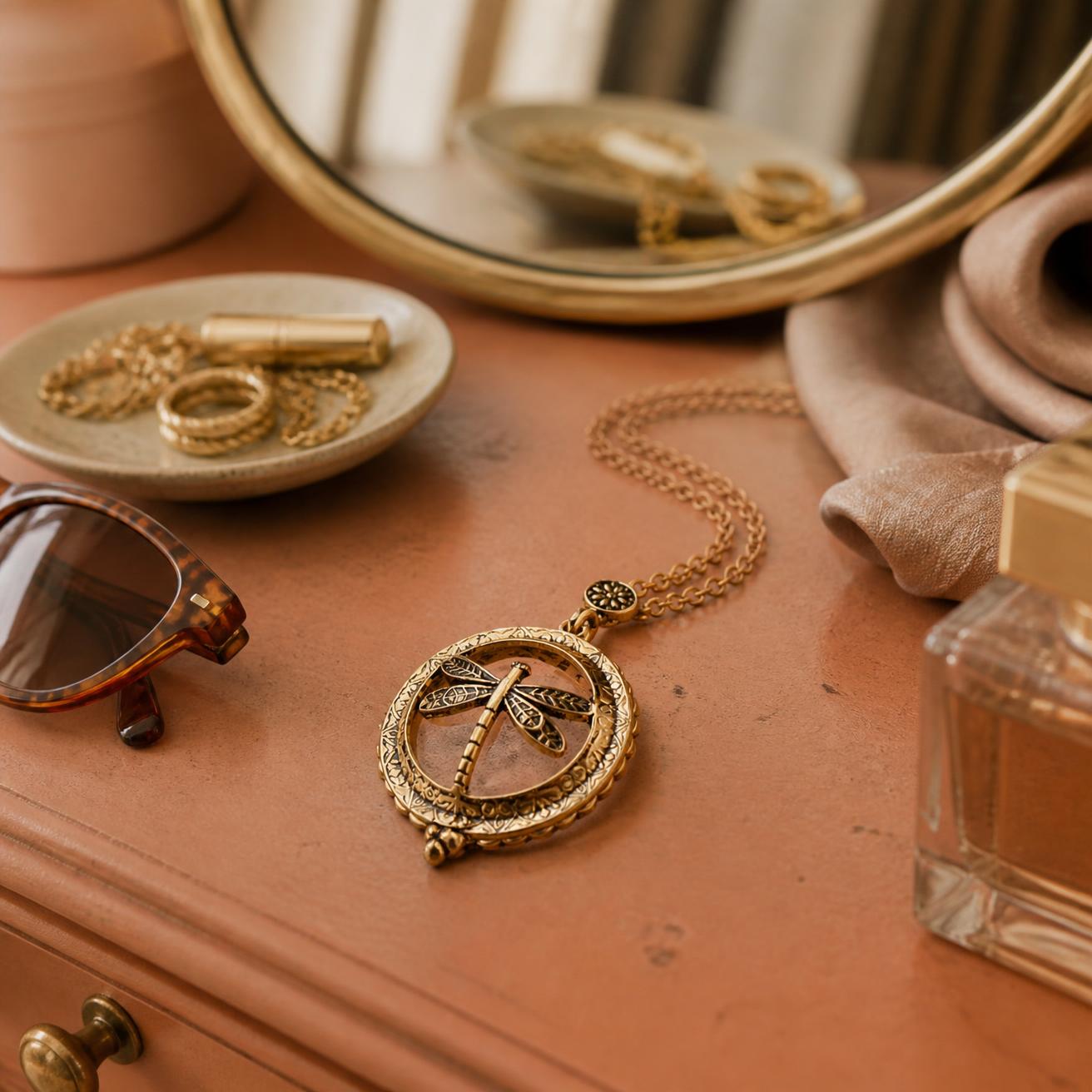 Collier loupe libellule vintage personnalisable, bijou poétique