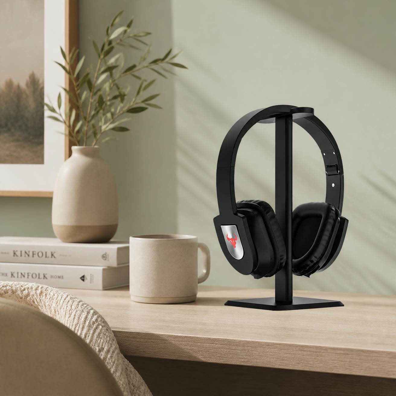 Support de bureau en bois pour casque audio, design épuré et minimaliste