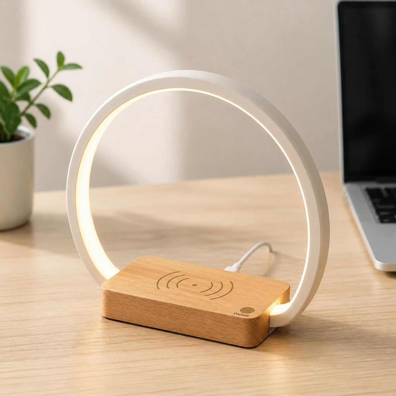 Veilleuse en bois avec chargeur sans fil intégré pour table de nuit
